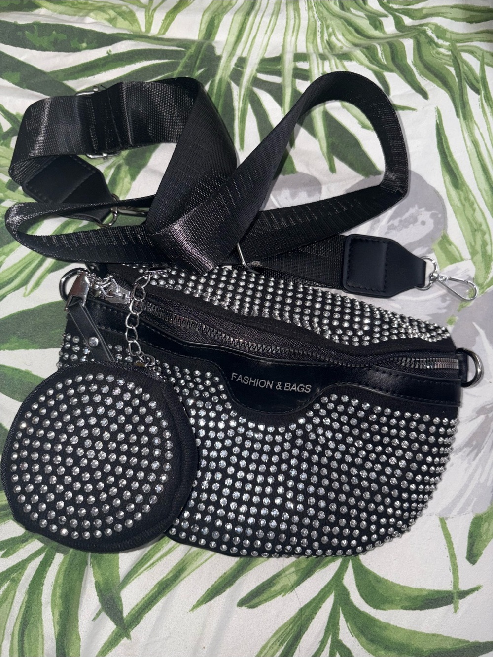 Black Rhinestone Crossbody Belt Bag with Coin Pouch